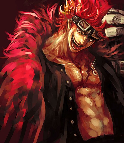 Anime picture 968x1111 with one piece toei animation eustass kid tsuyomaru single tall image looking at viewer short hair open mouth smile red eyes red hair scar boy tongue fur goggles
