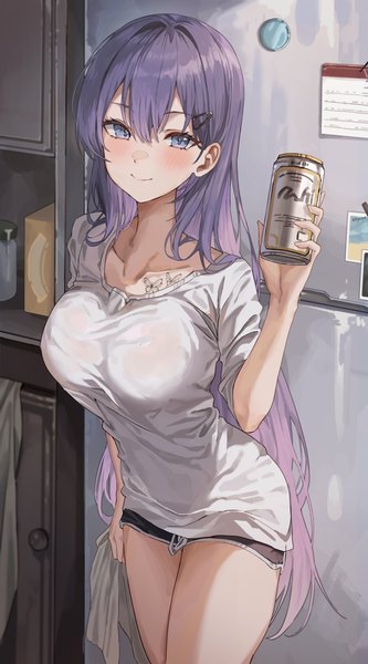 Anime picture 1500x2700 with original yuna (biya (1024)) 2gong (9ujin ) single long hair tall image looking at viewer blush fringe breasts blue eyes light erotic smile hair between eyes standing holding purple hair indoors arm up tattoo