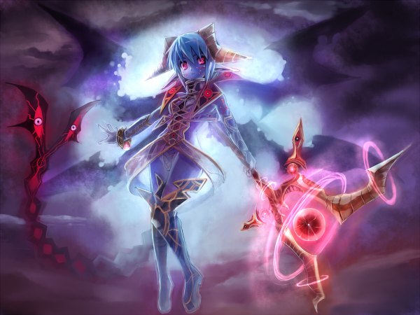 Anime picture 1200x900 with original edobox short hair red eyes blue hair horn (horns) pointy ears magic glowing demon girl glowing eye (eyes) girl weapon thigh boots staff