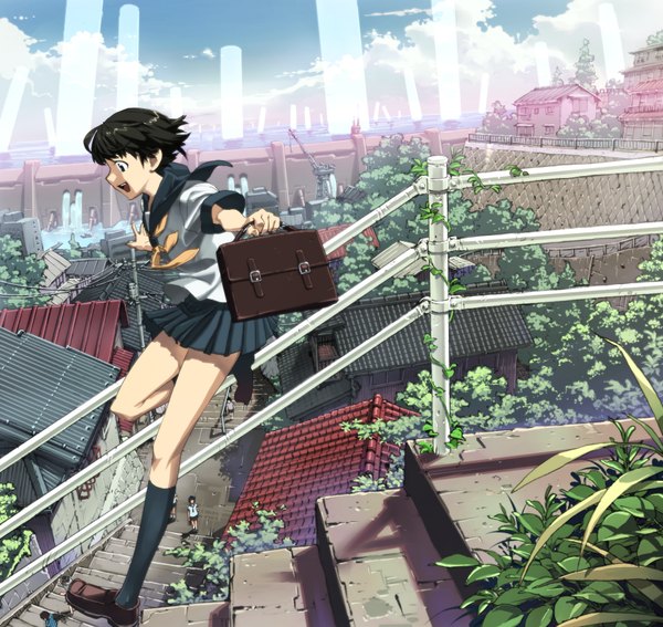 Anime picture 1868x1768 with original tatsuwo highres short hair cloud (clouds) cityscape landscape girl uniform school uniform bag knee socks stairs roof crane