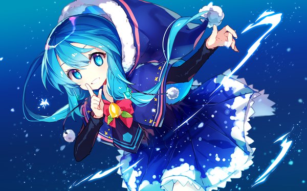 Anime picture 1200x750 with original name (oiuio) single long hair looking at viewer blush fringe blue eyes smile hair between eyes twintails blue hair long sleeves parted lips dutch angle fur trim low twintails finger to mouth christmas bell collar