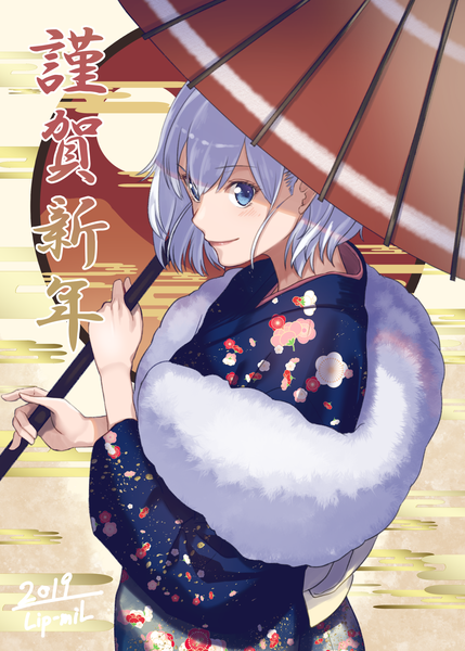 Anime picture 1295x1812 with original lip-mil single tall image looking at viewer blush fringe short hair blue eyes smile hair between eyes standing holding signed silver hair traditional clothes japanese clothes new year 2019 nengajou