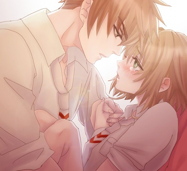 Anime picture 1000x914 with card captor sakura clamp kinomoto sakura li xiaolang haruhito1211 blush short hair simple background brown hair white background brown eyes green eyes profile short sleeves couple hug tears holding hands face to face crying
