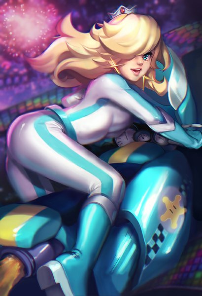 Anime picture 600x877 with super mario bros. rosetta (mario) lucidsky single long hair tall image looking at viewer fringe blue eyes blonde hair parted lips light smile hair over one eye girl earrings bodysuit crown motorcycle