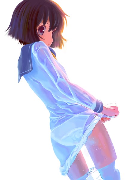 Anime picture 1200x1697 with kantai collection yukikaze destroyer mocha (snowflake) single tall image short hair light erotic simple background brown hair white background brown eyes looking back from behind reflection wet clothes transparent wringing clothes girl dress underwear