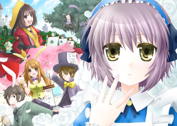 Anime picture 1243x888 with suzumiya haruhi no yuutsu alice in wonderland kyoto animation suzumiya haruhi nagato yuki asahina mikuru kyon koizumi itsuki tsuruya animal ears cat girl bunny girl parody girl