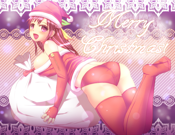 Anime picture 1477x1142 with os-tan 95-tan toki (artist) long hair blush breasts open mouth light erotic large breasts purple hair ass pink eyes no shoes christmas merry christmas girl thighhighs gloves underwear panties