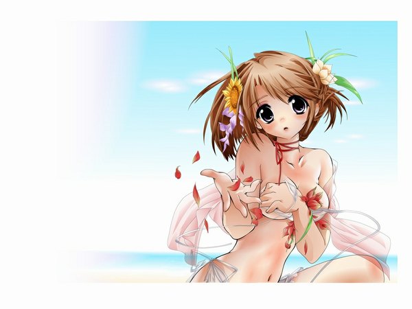Anime picture 1024x768 with light erotic brown hair purple eyes beach eyeshadow summer makeup flower (flowers) swimsuit bikini