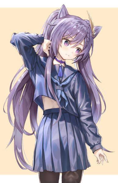 Anime picture 2000x3100 with genshin impact keqing (genshin impact) ildy single long hair tall image highres simple background standing purple eyes twintails purple hair pleated skirt hair bun (hair buns) looking down yellow background girl skirt uniform pantyhose