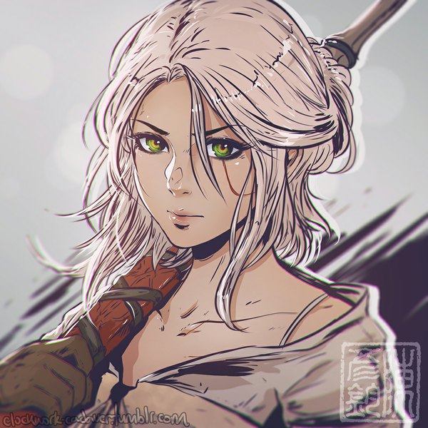 Anime picture 1024x1024 with the witcher the witcher 3 wild hunt ciri koyoriin single looking at viewer short hair green eyes signed white hair facial mark portrait girl gloves weapon black gloves