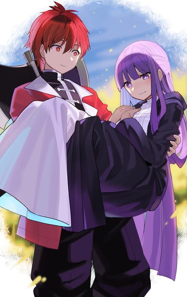 Anime picture 1240x1973 with sousou no frieren fern (sousou no frieren) stark (sousou no frieren) rin falcon long hair tall image fringe short hair smile hair between eyes red eyes purple eyes purple hair red hair blunt bangs half updo carrying princess carry girl boy
