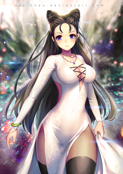 Anime picture 707x1000 with original riiya (mabong1989) single long hair tall image looking at viewer blush breasts blue eyes light erotic black hair standing holding signed cleavage no bra hair bun (hair buns) side slit girl thighhighs