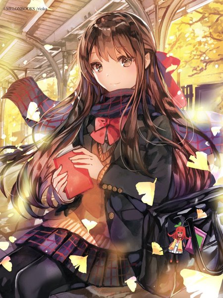 Anime picture 933x1244 with original rioka (southern blue sky) single long hair tall image looking at viewer fringe brown hair sitting holding brown eyes signed bent knee (knees) outdoors pleated skirt light smile wind plaid skirt half updo autumn