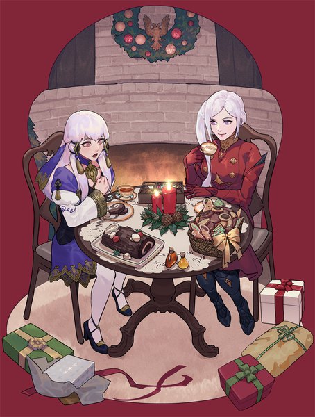 Anime picture 1200x1585 with fire emblem fire emblem: three houses nintendo edelgard von hresvelg lysithea von ordelia vavafle long hair tall image fringe open mouth smile sitting purple eyes multiple girls full body white hair from above wide sleeves high heels side ponytail