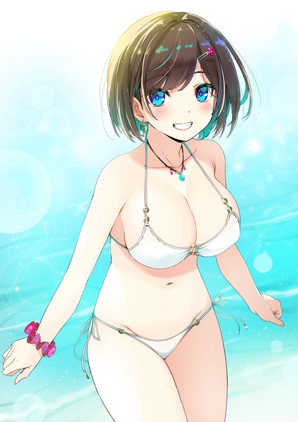 Anime picture 1358x1920 with original denken single tall image blush fringe short hair breasts blue eyes light erotic smile brown hair large breasts standing looking away outdoors grin wrist scrunchie girl navel