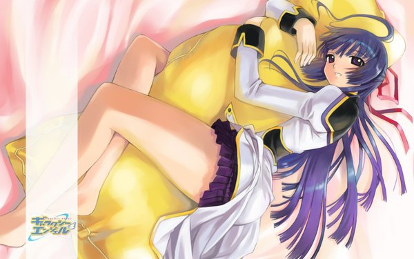 Anime picture 1920x1200 with galaxy angel madhouse karasuma chitose mikazuki akira single long hair highres wide image purple eyes blue hair full body lying bare legs legs hug girl dress skirt miniskirt pillow