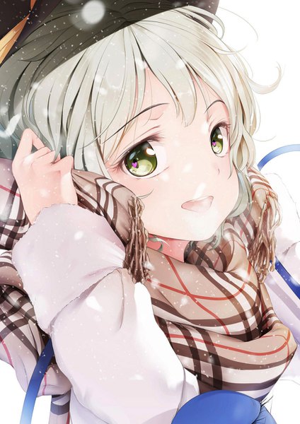 Anime picture 868x1228 with touhou komeiji koishi an-telin single tall image looking at viewer blush fringe short hair open mouth simple background smile white background green eyes upper body long sleeves :d green hair symbol-shaped pupils snowing