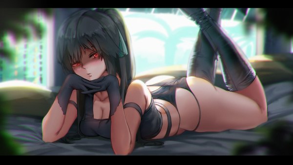 Anime picture 5000x2813 with original housou-chan single long hair looking at viewer fringe highres breasts light erotic red eyes wide image payot absurdres cleavage ass ponytail lying parted lips grey hair crossed legs