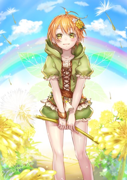 Anime picture 706x1000 with love live! school idol project sunrise (studio) love live! hoshizora rin ao+beni single tall image looking at viewer blush fringe short hair smile hair between eyes standing holding signed yellow eyes sky cloud (clouds) ahoge
