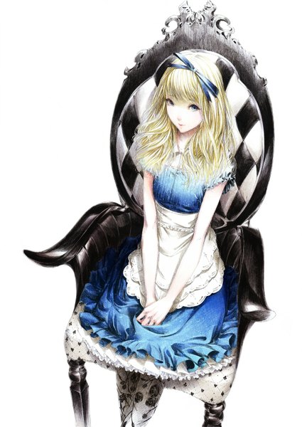 Anime picture 1100x1552 with alice in wonderland original alice (wonderland) sousou (sousouworks) single long hair tall image looking at viewer fringe blue eyes blonde hair simple background white background sitting from above floral print monochrome wavy hair hands clasped girl