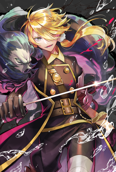 Anime picture 694x1025 with touken ranbu nitroplus shishiou shishiou no mofumofu noes single long hair tall image looking at viewer fringe open mouth blonde hair yellow eyes hair over one eye low ponytail military boy gloves uniform weapon