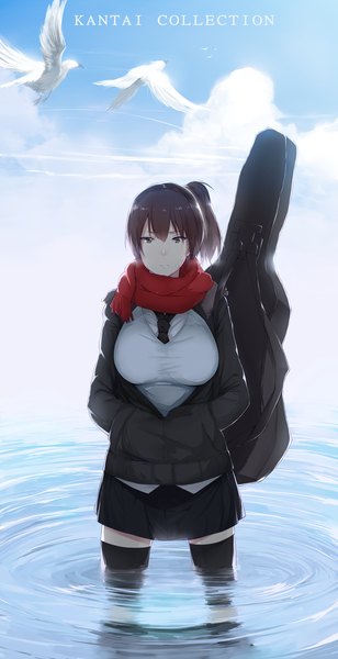 Anime picture 900x1750 with kantai collection kaga aircraft carrier hews single tall image short hair black hair brown eyes sky cloud (clouds) copyright name side ponytail girl thighhighs skirt black thighhighs animal water scarf bird (birds)