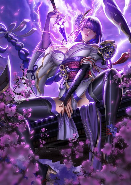 Anime picture 2828x4000 with genshin impact raiden shogun liang xing single tall image looking at viewer fringe highres breasts light erotic large breasts sitting purple eyes holding cleavage purple hair bent knee (knees) outdoors blunt bangs braid (braids)