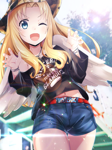 Anime-Bild 1125x1500 mit tate no yuusha no nariagari kinema citrus firo (tate no yuusha no nariagari) tom (drpow) single long hair tall image looking at viewer blush open mouth blue eyes blonde hair standing payot outdoors :d one eye closed wind wink sunlight