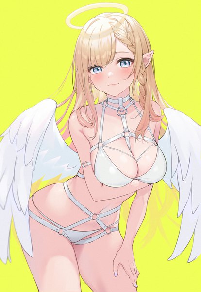 Anime picture 900x1303 with original kurokin single long hair tall image looking at viewer blush fringe breasts blue eyes light erotic simple background blonde hair smile hair between eyes large breasts standing payot braid (braids) nail polish