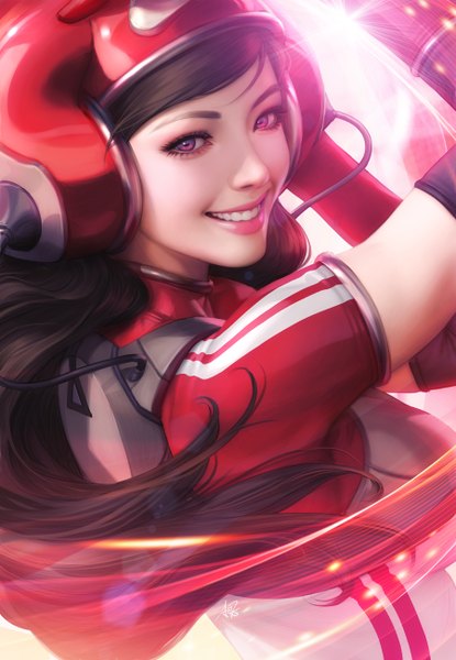 Anime picture 900x1300 with original pepper project artgerm (stanley lau) single long hair tall image looking at viewer fringe black hair smile signed upper body pink eyes looking back lips sunlight realistic teeth lipstick lens flare