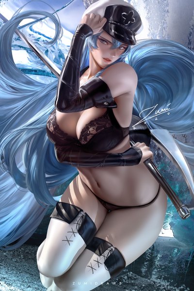 Anime picture 2339x3508 with akame ga kill! white fox esdeath zumi (zumidraws) single tall image looking at viewer fringe highres breasts blue eyes light erotic hair between eyes large breasts holding signed payot blue hair cleavage bent knee (knees)