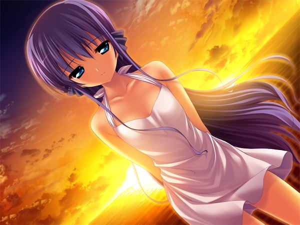 Anime picture 1200x900 with hoshiuta yamabuki renge fumio (ura fmo) single long hair blue eyes game cg sky purple hair cloud (clouds) evening sunset girl water sundress