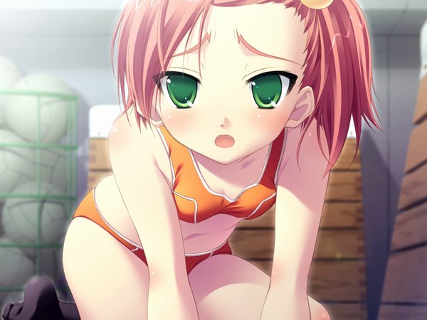 Anime picture 1600x1200 with sortieange mahou club mako barchet open mouth green eyes game cg red hair girl swimsuit