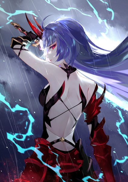 Anime picture 1979x2800 with honkai impact 3rd benghuai xueyuan honkai (series) raiden mei raiden mei (herrscher of thunder) vardan single long hair tall image looking at viewer fringe highres breasts red eyes bare shoulders holding payot blue hair sky cloud (clouds)
