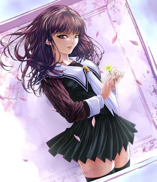 Anime picture 2410x2800 with i"s yoshizuki iori auge (akd) single long hair tall image looking at viewer highres brown hair standing brown eyes pleated skirt light smile cherry blossoms girl thighhighs uniform flower (flowers) black thighhighs petals