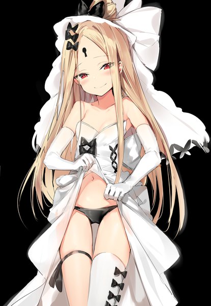 Anime picture 3300x4780 with fate (series) fate/grand order abigail williams (fate) silver (chenwen) single long hair tall image looking at viewer blush fringe highres breasts light erotic blonde hair simple background smile red eyes standing bare shoulders payot