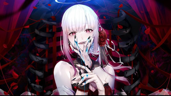 Anime picture 3000x1687 with virtual youtuber hololive hololive english mori calliope mori calliope (3rd costume) cno single long hair looking at viewer fringe highres wide image pink hair upper body nail polish pink eyes fingernails official alternate costume long fingernails hand on face