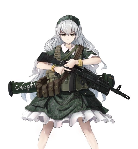 Anime picture 1112x1200 with original tc1995 single long hair tall image looking at viewer fringe smile standing white background holding white hair light smile black eyes dual wielding smirk military army russian girl