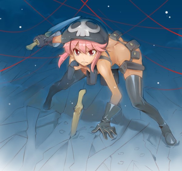 Anime picture 1200x1130 with kill la kill studio trigger jakuzure nonon miyo (13th floor) single short hair breasts light erotic payot pink hair ass pink eyes from above nude leaning leaning forward skull print girl gloves weapon