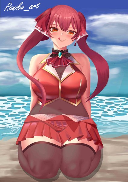 Anime picture 3508x4961 with virtual youtuber hololive houshou marine houshou marine (1st costume) ronikx art single long hair tall image looking at viewer blush fringe highres breasts light erotic hair between eyes large breasts sitting twintails signed absurdres