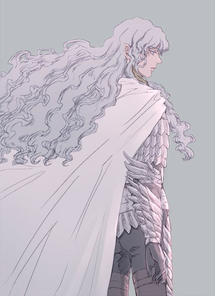 Anime picture 700x962 with berserk griffith senkoku821 single long hair tall image fringe blue eyes simple background standing looking away profile grey hair grey background floating hair wavy hair boy gloves black gloves armor