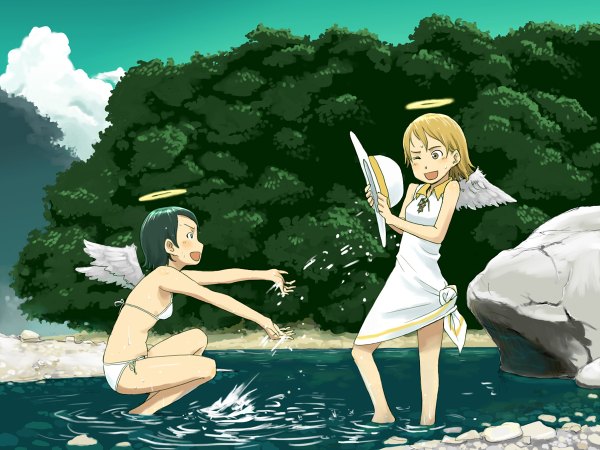 Anime picture 1200x900 with haibane renmei blush short hair blonde hair smile green hair happy squat angel wings nature angel lake playing girl swimsuit hat bikini wings tree (trees) water