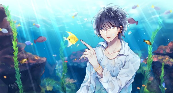 Anime picture 1861x1000 with original hizaki sui single highres short hair blue eyes black hair wide image signed looking away upper body arm up sunlight open shirt wet clothes underwater sunbeam hair over eyes wet shirt boy