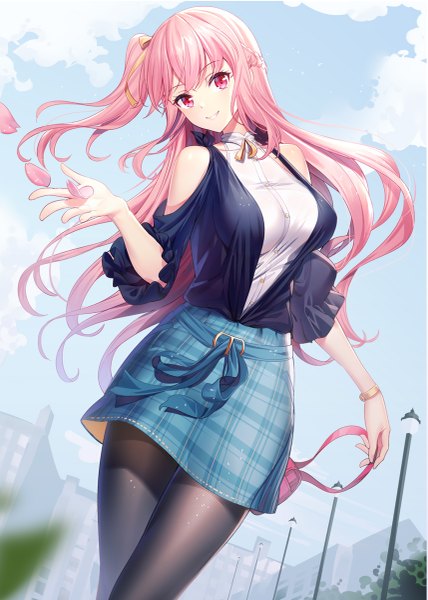 Anime picture 857x1200 with original emily stock ririko (zhuoyandesailaer) single long hair tall image looking at viewer blush fringe breasts smile standing bare shoulders holding pink hair sky cloud (clouds) outdoors braid (braids) parted lips