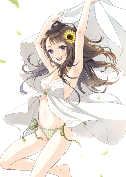 Anime picture 1036x1450 with original morikura en single long hair tall image looking at viewer blush fringe open mouth light erotic simple background smile brown hair white background purple eyes bare shoulders holding payot cleavage bent knee (knees)