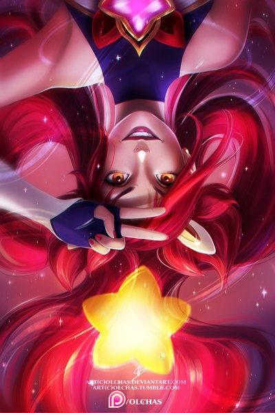 Anime picture 600x900 with league of legends jinx (league of legends) star guardian jinx olchas single long hair tall image looking at viewer fringe simple background smile bare shoulders signed upper body red hair nail polish multicolored hair fingernails sparkle orange eyes