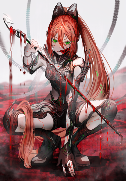 Anime-Bild 2797x4000 mit original nanaponi single tall image looking at viewer fringe highres hair between eyes holding green eyes full body ponytail red hair very long hair arm up arm support fang (fangs) squat blood on face bloody weapon