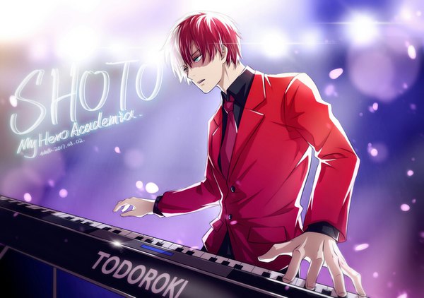 Anime picture 1447x1020 with boku no hero academia studio bones todoroki shouto welllllll single short hair blue eyes looking away white hair red hair multicolored hair two-tone hair copyright name character names dated scar playing instrument formal boy necktie