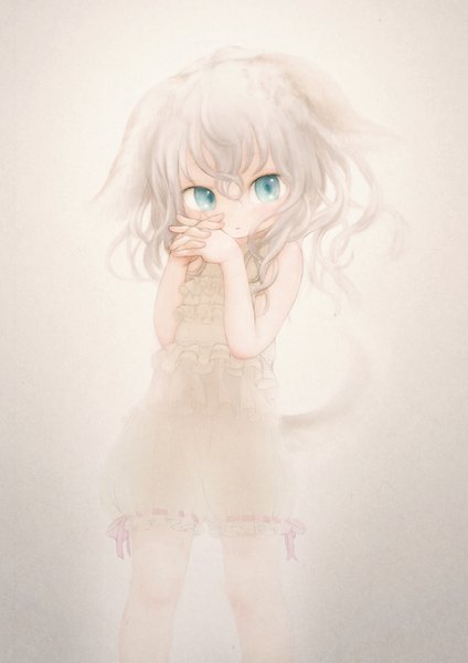 Anime picture 1600x2263 with original psycho (artist) single long hair tall image blue eyes simple background animal ears white hair animal tail loli girl