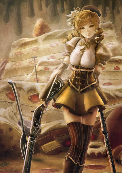 Anime picture 848x1200 with mahou shoujo madoka magica shaft (studio) tomoe mami chuukarudoruhu single long hair tall image looking at viewer fringe breasts blonde hair smile twintails yellow eyes zettai ryouiki puffy sleeves low twintails drill hair girl thighhighs